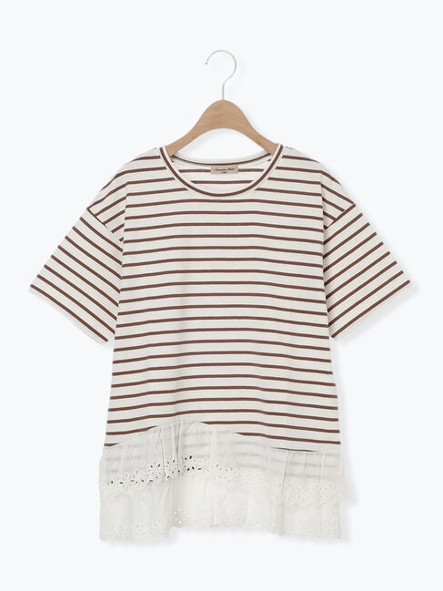Samansa Mos2「【接触冷感】裾レースボーダーTシャツ」|Tシャツ・カットソー|ブラウン