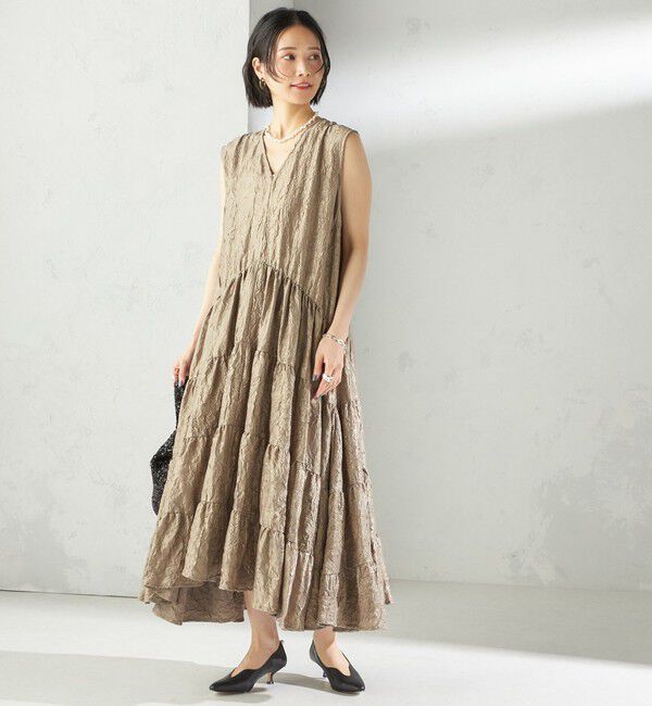 SHIPS for women「TORRAZZO DONNA:〈手洗い可能〉ティアード ノースリーブ ワンピース」|ワンピース|カーキ