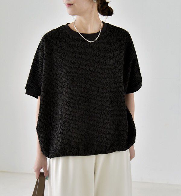 quaranciel「《予約》quaranciel:〈洗濯機可能〉カットジャカード ルーズ フレンチスリーブ プルオーバー」|Tシャツ・カットソー|