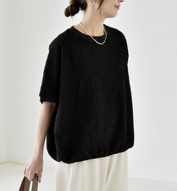 quaranciel「《予約》quaranciel:〈洗濯機可能〉カットジャカード ルーズ フレンチスリーブ プルオーバー」|Tシャツ・カットソー|