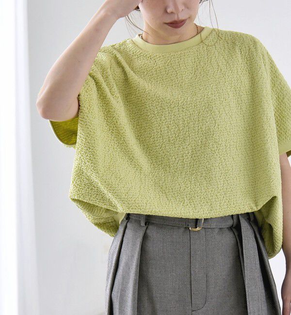 quaranciel「《予約》quaranciel:〈洗濯機可能〉カットジャカード ルーズ フレンチスリーブ プルオーバー」|Tシャツ・カットソー|