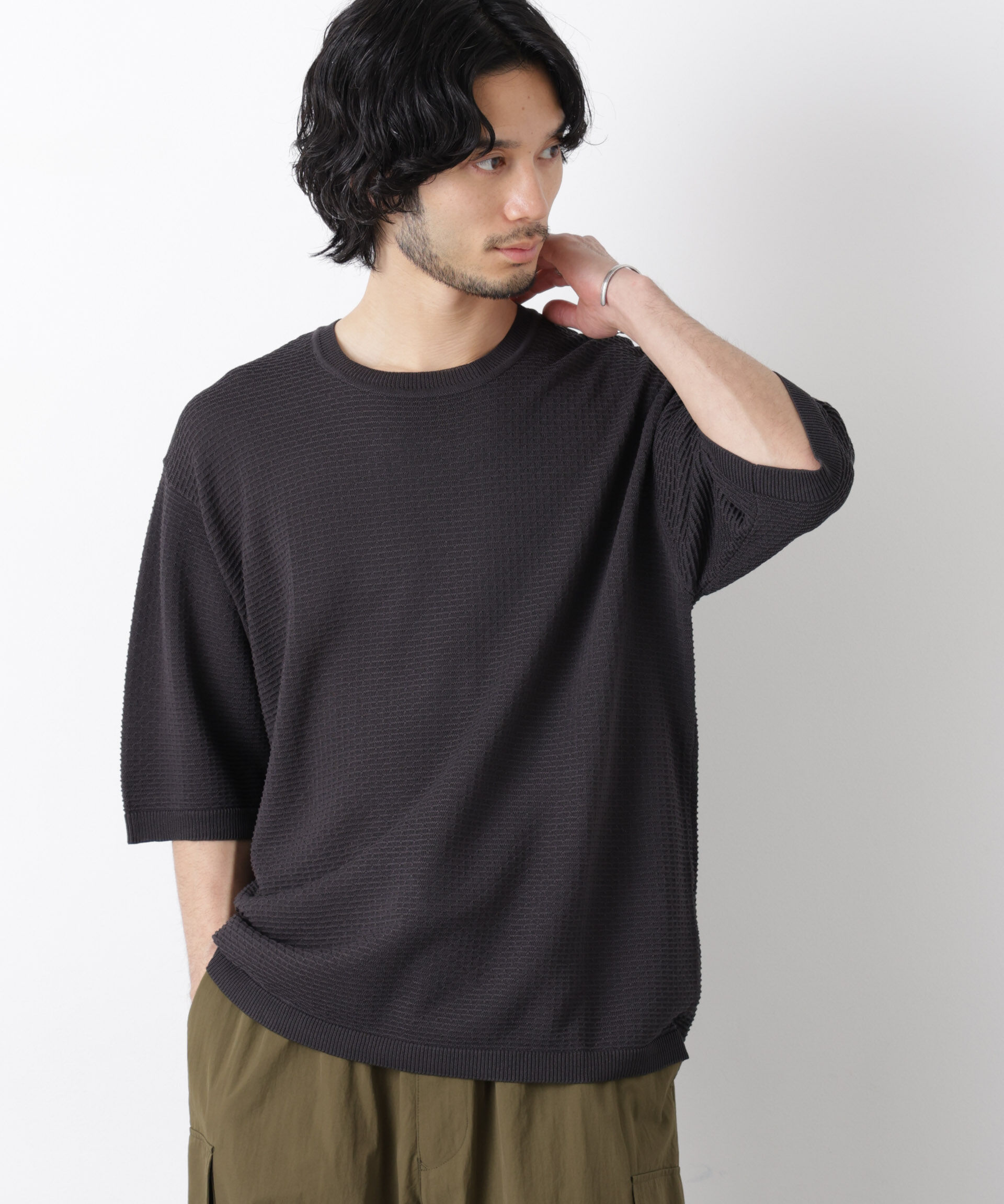 nano･universe「エアリードレープ ニットTシャツ 半袖」|ニット・セーター|チャコール3