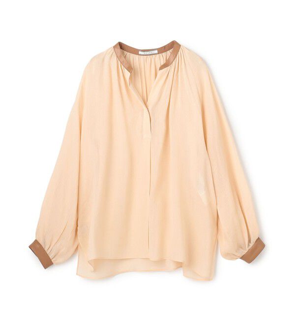 BEIGE,「【人気シリーズ】PAULINE / リネンヴィスコースフェイクレザー配色ブラウス」|シャツ・ブラウス|