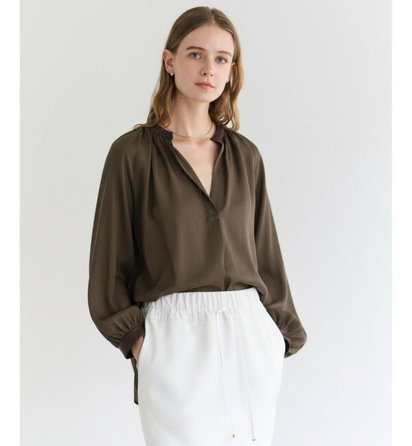 BEIGE,「【人気シリーズ】PAULINE / リネンヴィスコースフェイクレザー配色ブラウス」|シャツ・ブラウス|Khaki