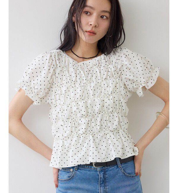VIS「ドット＆無地アソート シャーリングデザインカットソー」|Tシャツ・カットソー|