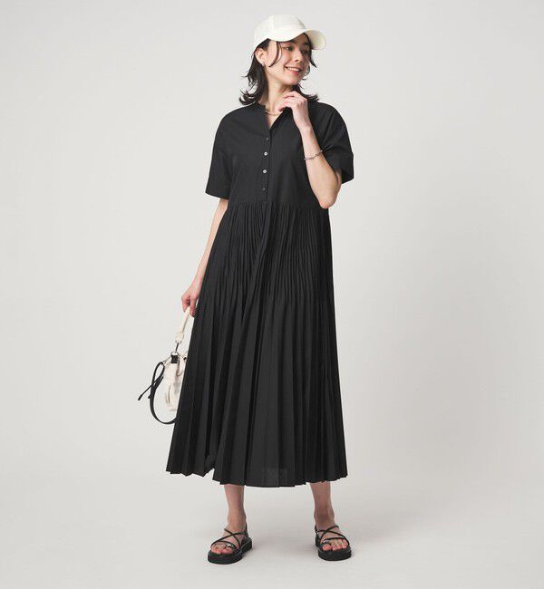 グリーンレーベルリラクシング　ワッシャープリーツショートスリーブワンピース　黒 size SHORT/TALLあり］ワッシャー プリーツ ショートスリーブ