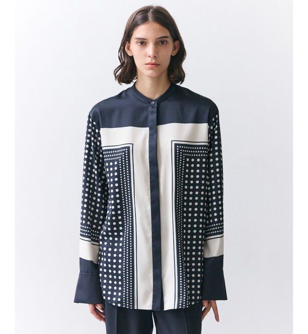 BEIGE,「GADE / モノトーンドット柄バンドカラーブラウス」|シャツ・ブラウス|Navy Mix