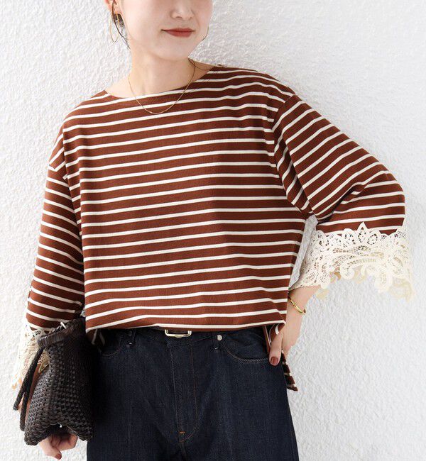 SHIPS for women「《予約》〈手洗い可能〉ボーダー 袖 レース ワイド プルオーバー」|Tシャツ・カットソー|