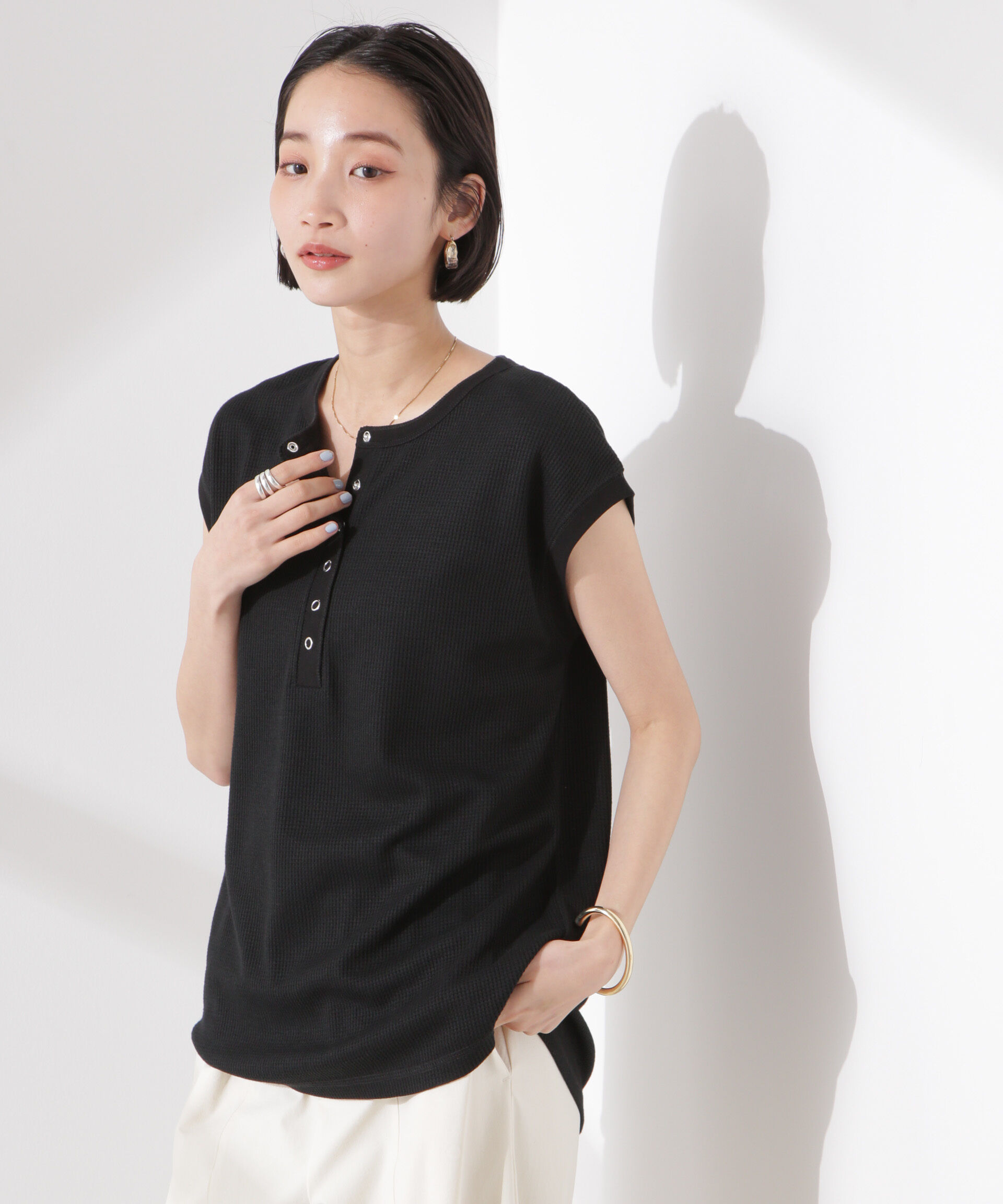 NANO universe「ワッフルヘンリーノースリーブトップス」|Tシャツ・カットソー|