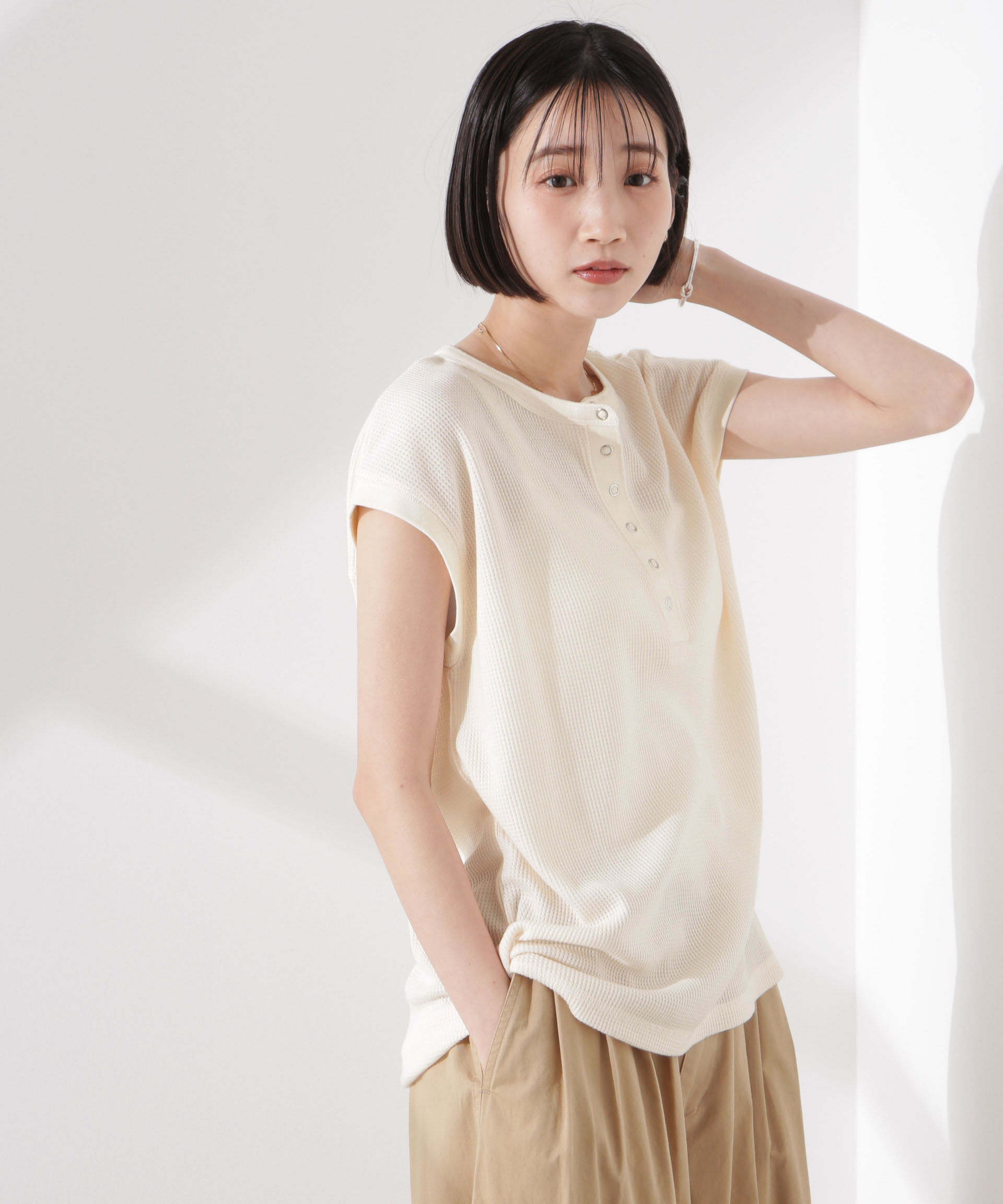 NANO universe「ワッフルヘンリーノースリーブトップス」|Tシャツ・カットソー|