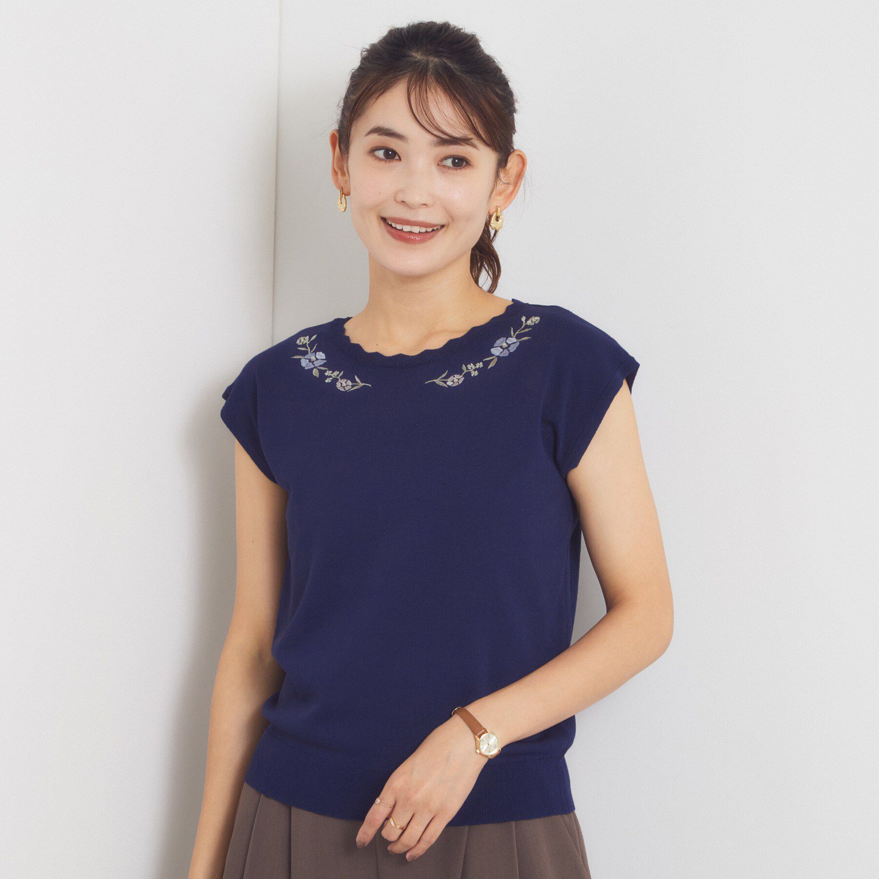 ITS&rsquo;DEMO「スカラップ刺繍ニット」|Tシャツ・カットソー|ネイビー(094)