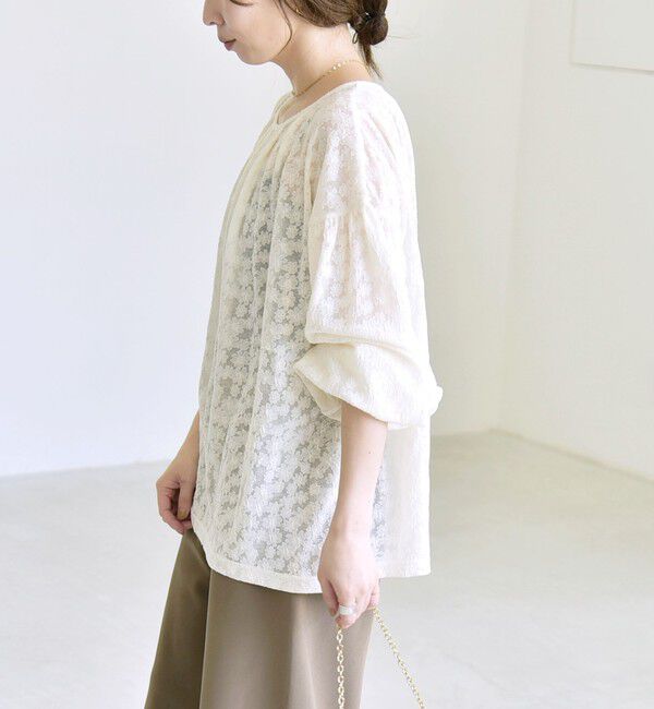 quaranciel「《予約》quaranciel:〈洗濯機可能〉フラワー ジャカード ギャザー プルオーバー」|Tシャツ・カットソー|