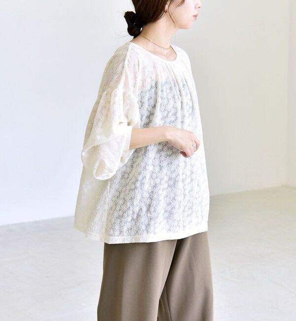 quaranciel「《予約》quaranciel:〈洗濯機可能〉フラワー ジャカード ギャザー プルオーバー」|Tシャツ・カットソー|