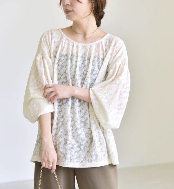 quaranciel「《予約》quaranciel:〈洗濯機可能〉フラワー ジャカード ギャザー プルオーバー」|Tシャツ・カットソー|