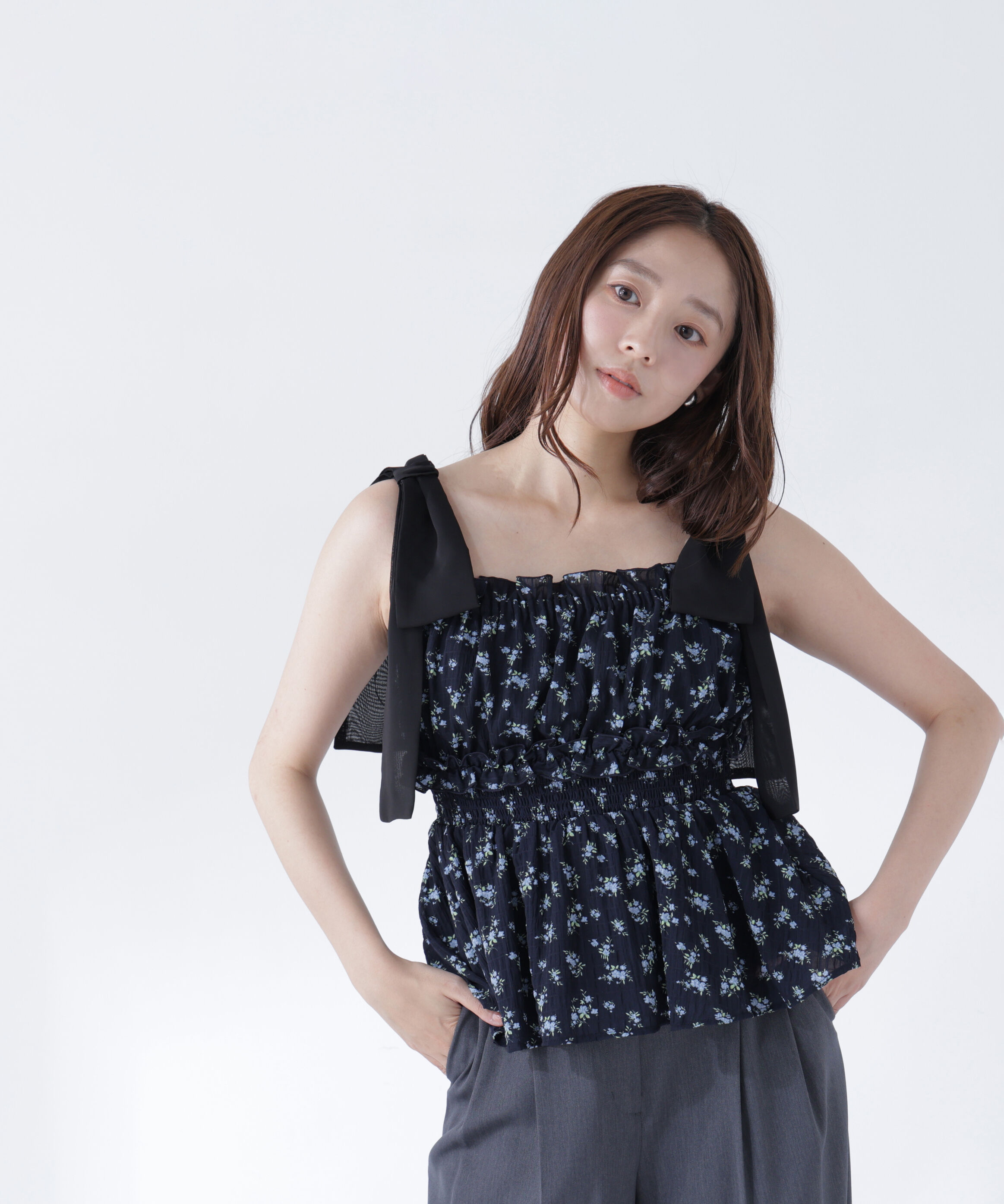  「フラワーショルダーリボンキャミ」|シャツ・ブラウス|