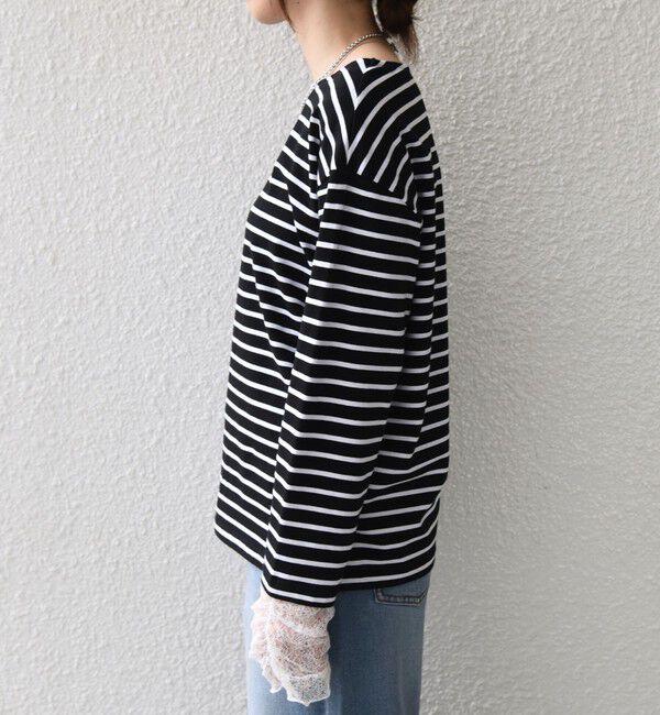 SHIPS Colors 「《予約》【WEB限定】SHIPS Colors:〈手洗い可能〉レース 切替スリーブ ボーダー カットソー◆」|Tシャツ・カットソー|