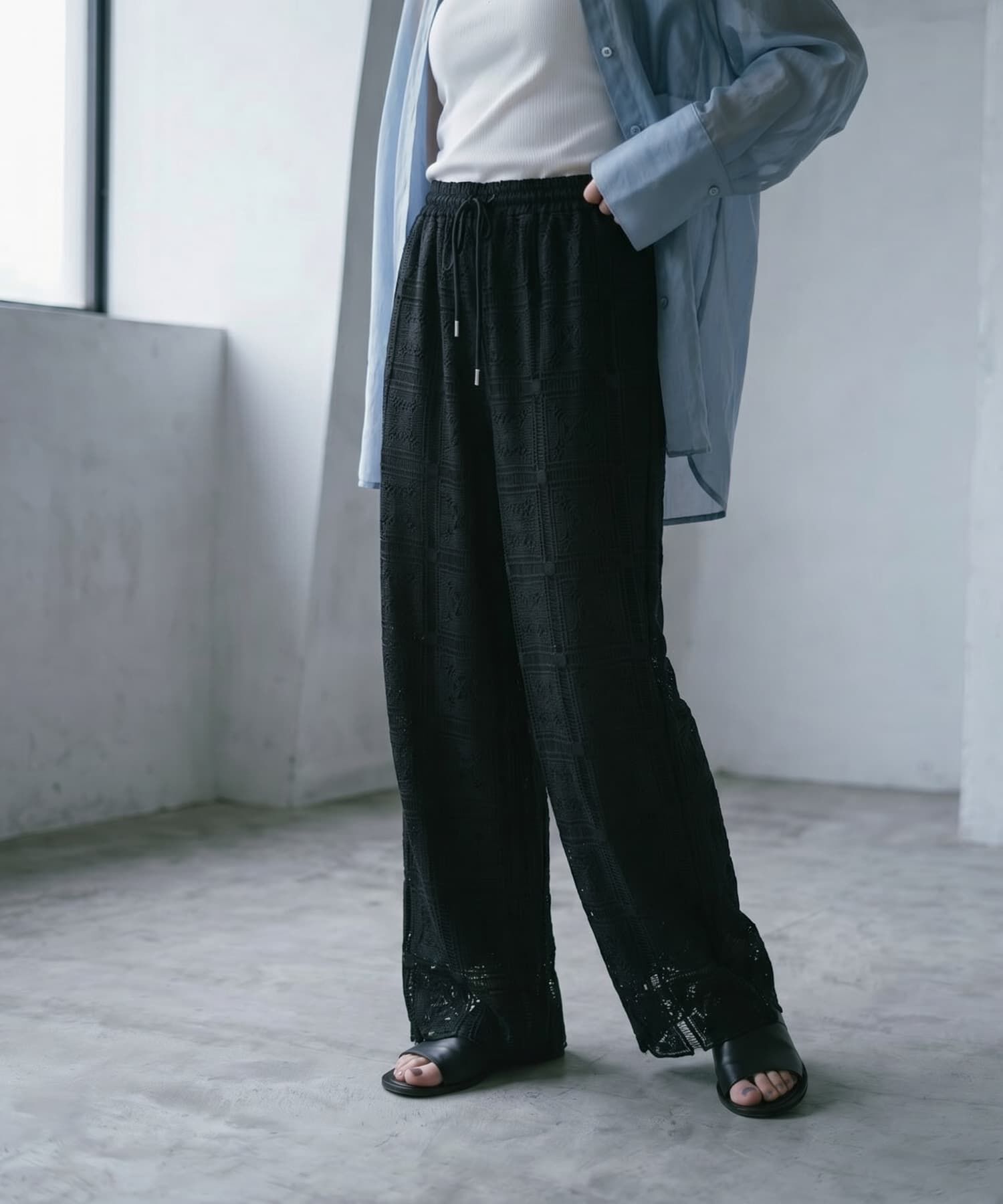 STYLE DELI「【BLK001】クロシェレースイージーパンツ」|スラックス|ブラック