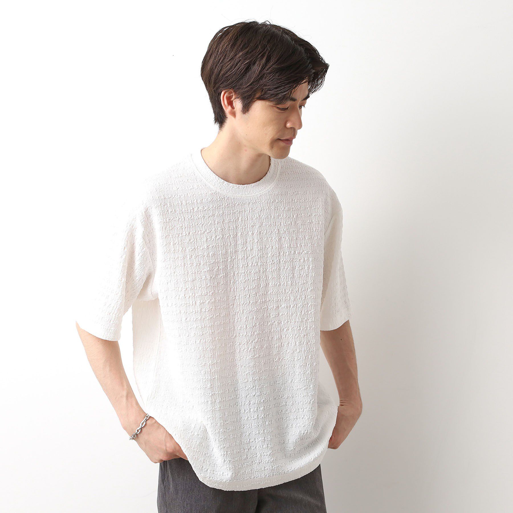 THE SHOP TK「楊柳ボーダー半袖Tシャツ【洗濯機OK】」|Tシャツ・カットソー|オフホワイト(003