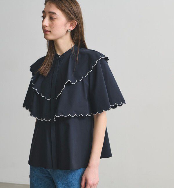 UNITED ARROWS フリル袖ブラウス ネイビー スカラップ フリル ブラウス ‐はっ水 UVカット 防しわ ウォッシャブル