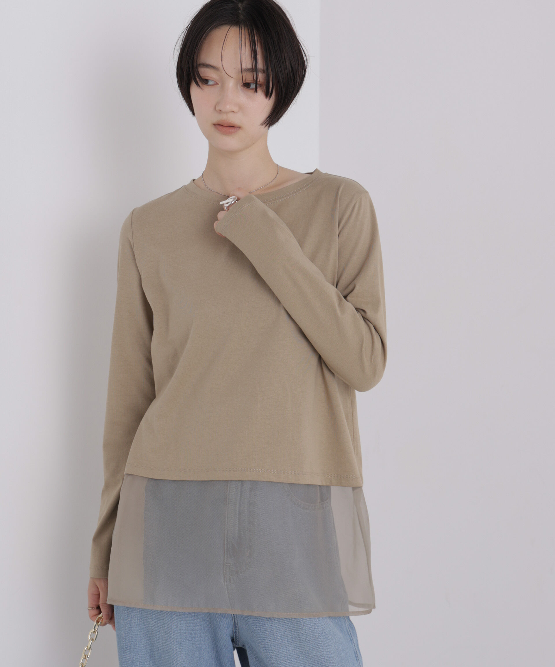 NANO universe「オーガンジーヘム切り替えロングスリーブTシャツ」|Tシャツ・カットソー|D.ベージュ2