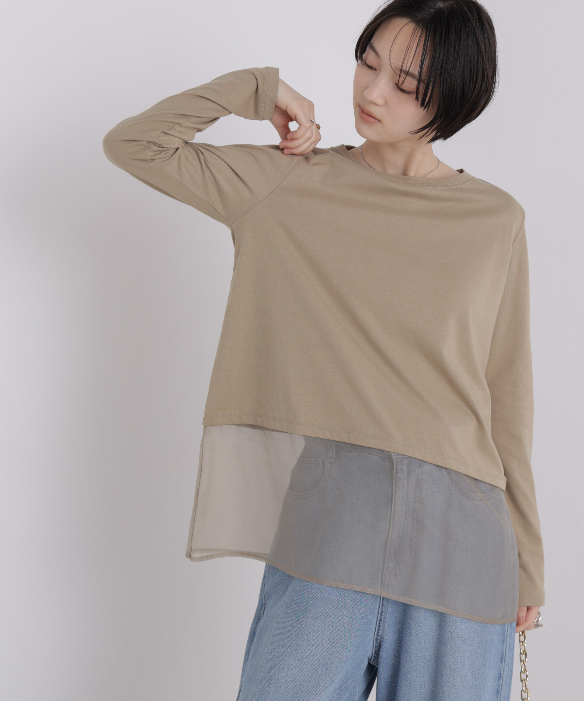 NANO universe「オーガンジーヘム切り替えロングスリーブTシャツ」|Tシャツ・カットソー|
