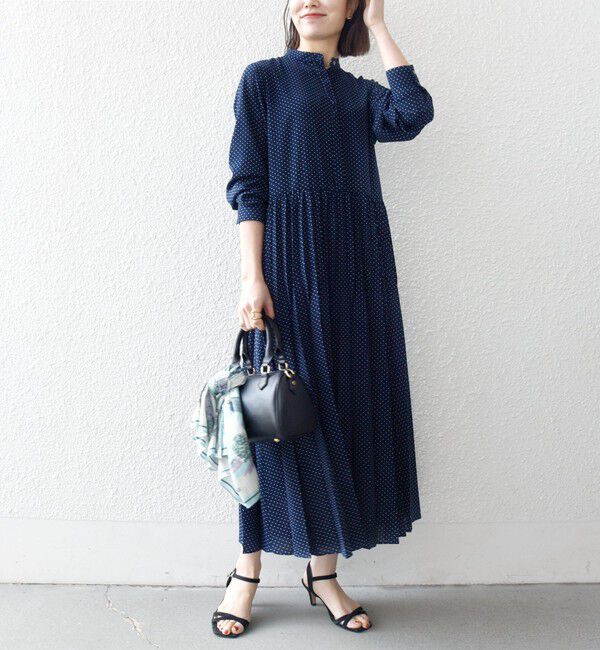 SHIPS any「《予約》SHIPS any:〈手洗い可能〉ドット バンドカラー プリーツ ロング ワンピース」|ワンピース|