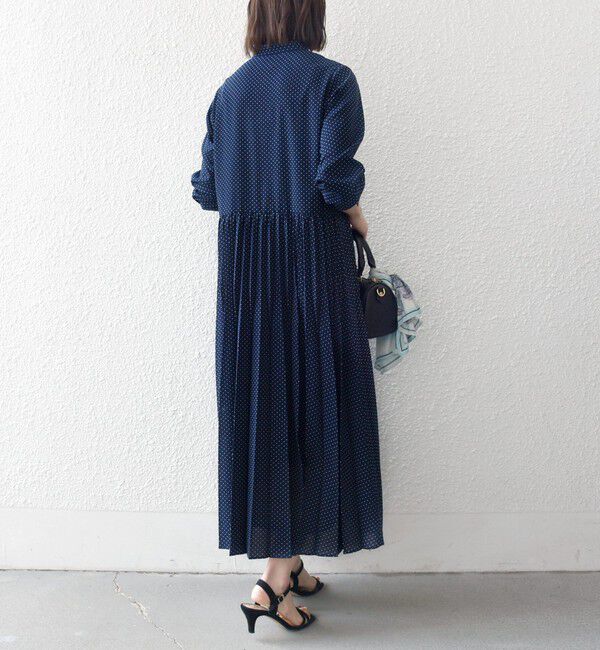 SHIPS any「《予約》SHIPS any:〈手洗い可能〉ドット バンドカラー プリーツ ロング ワンピース」|ワンピース|