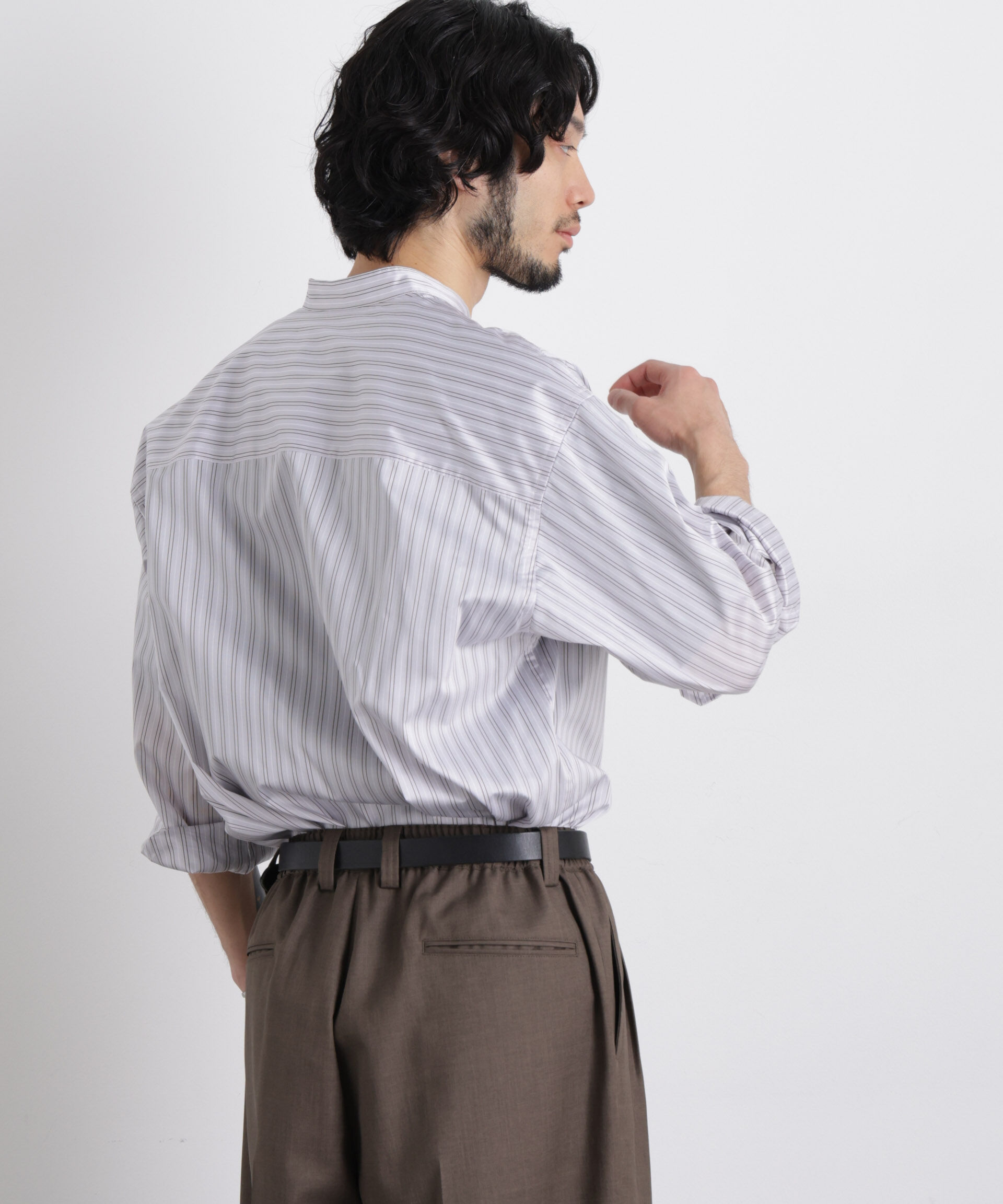 NANO universe「「OtoNANO」大人のワイドシャツバンドカラー ストライプ長袖」|シャツ・ブラウス|