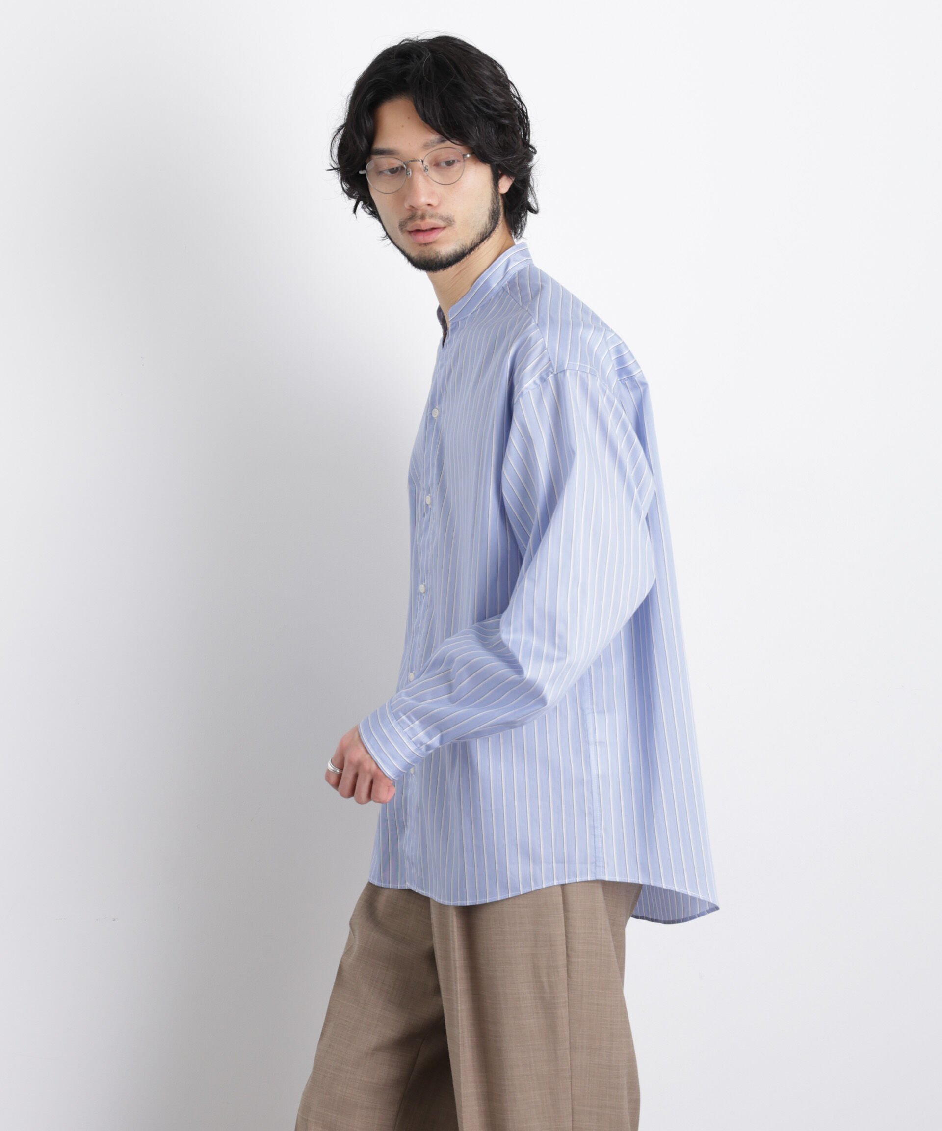 NANO universe「「OtoNANO」大人のワイドシャツバンドカラー ストライプ長袖」|シャツ・ブラウス|
