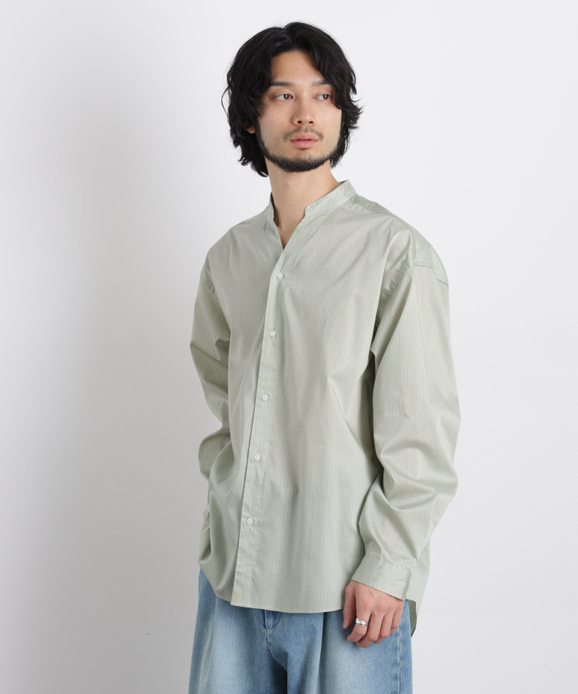 NANO universe「「OtoNANO」大人のワイドシャツバンドカラー ストライプ長袖」|シャツ・ブラウス|