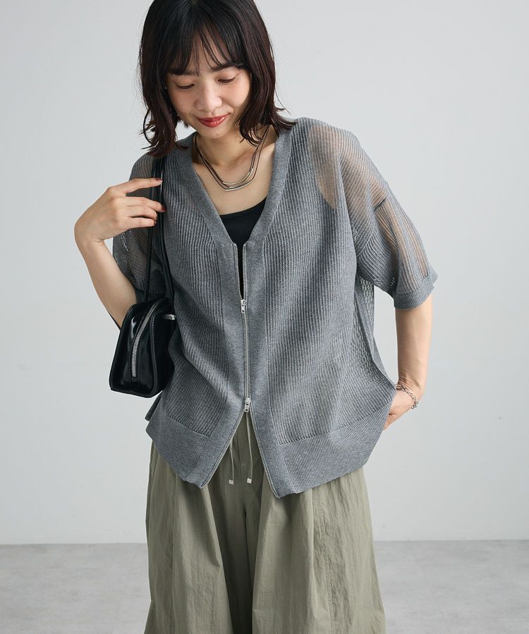 Green Parks「メッシュ5分袖ZIPカーディガン」|カーディガン|Gray