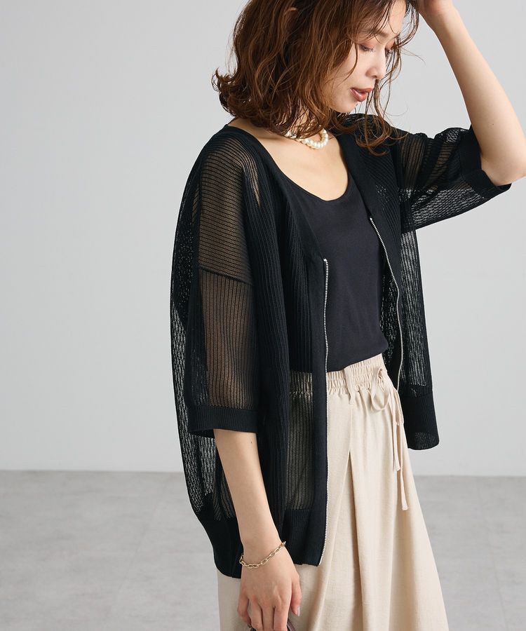 Green Parks「メッシュ5分袖ZIPカーディガン」|カーディガン|Black