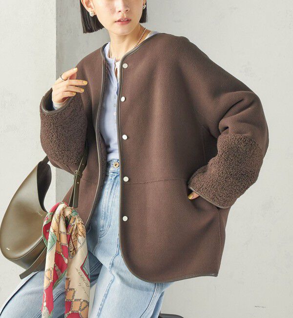 SHIPS for women「《予約》〈手洗い可能〉ボア フリース リバーシブル ノーカラー コート」|ブルゾン・スタジャン|ブラウン
