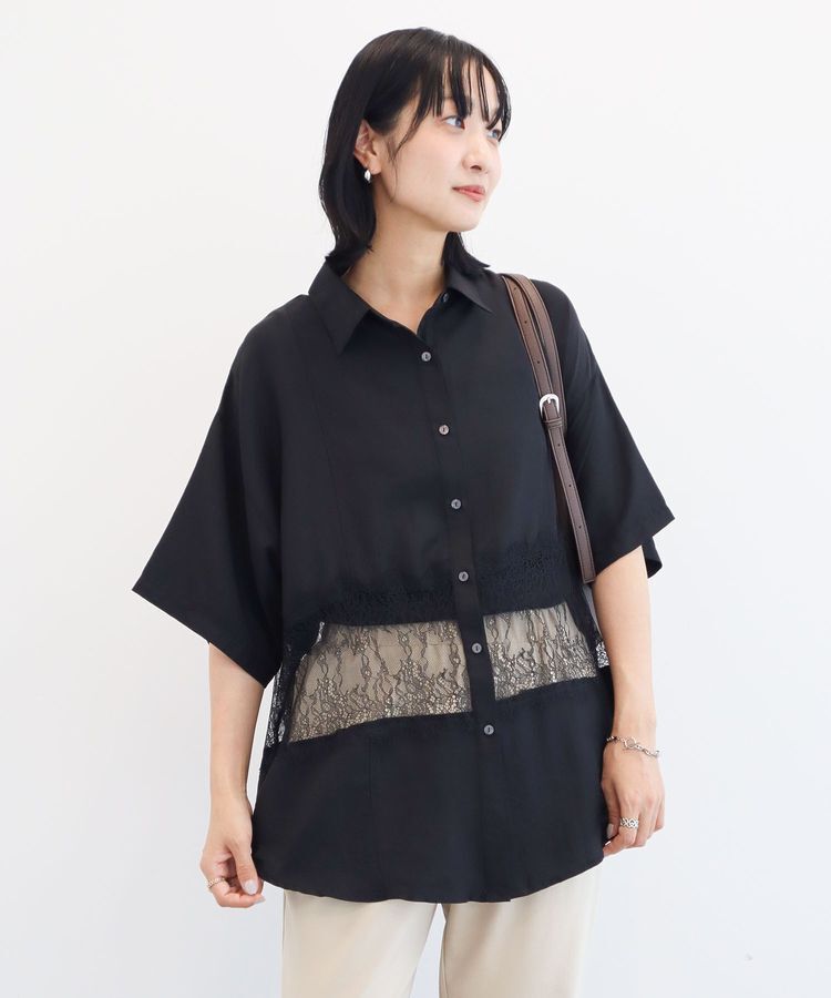 Green Parks「レース切替5分袖シャツ」|シャツ・ブラウス|Black