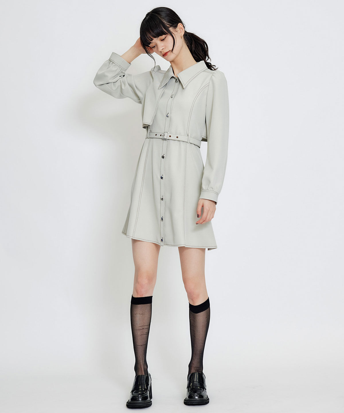 REDYAZEL「バイカラーステッチフレアミニシャツワンピース」|ワンピース|
