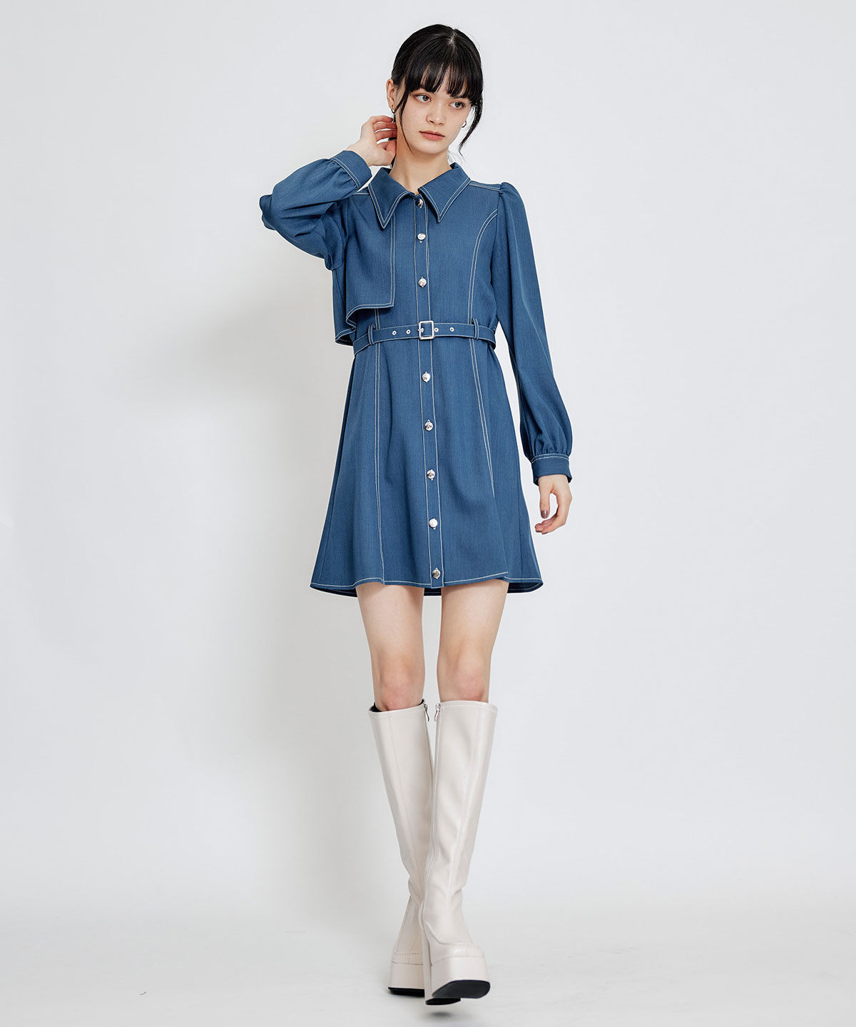REDYAZEL「バイカラーステッチフレアミニシャツワンピース」|ワンピース|