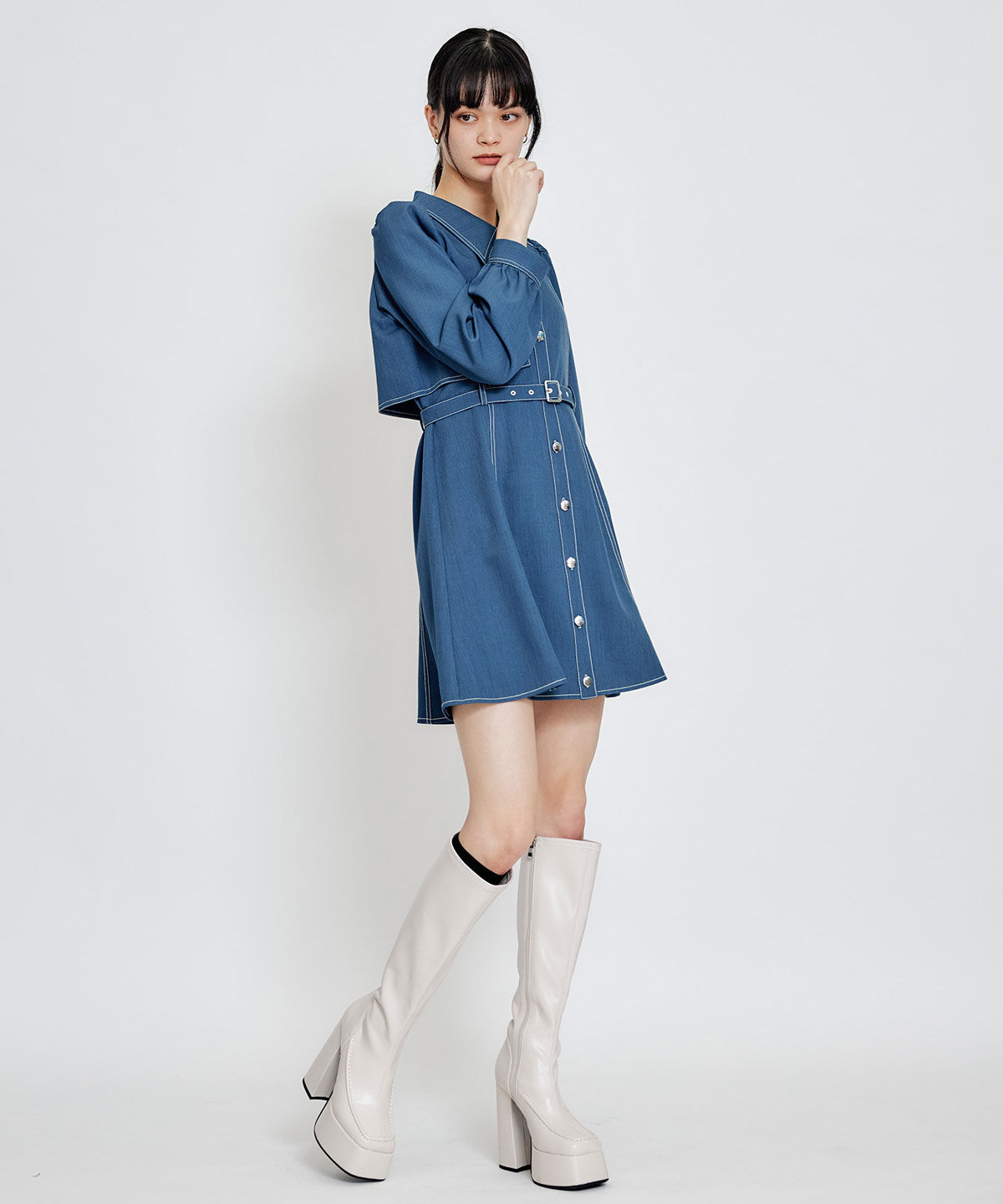 REDYAZEL「バイカラーステッチフレアミニシャツワンピース」|ワンピース|