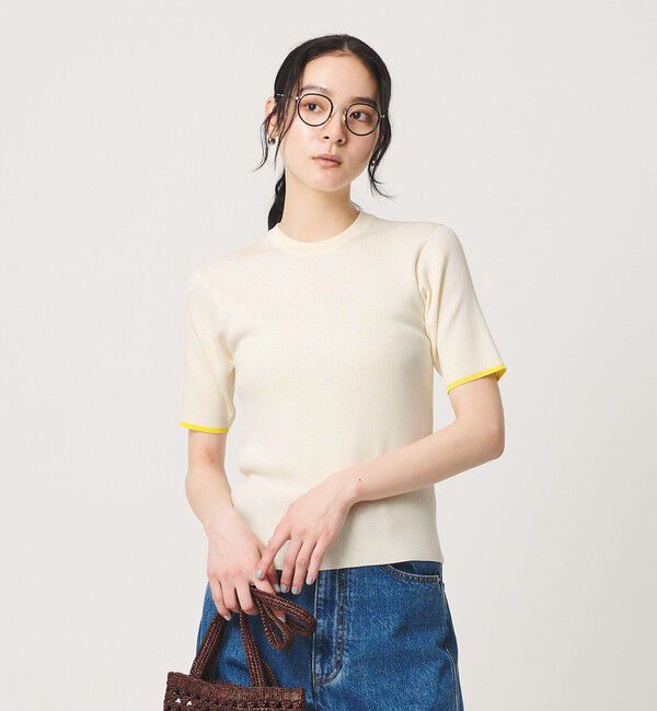 BEAUTY&YOUTH UNITED ARROWS「リブライン ショートスリーブ ニットプルオーバー ウォッシャブル」|ニット・セーター|OFF WHITE