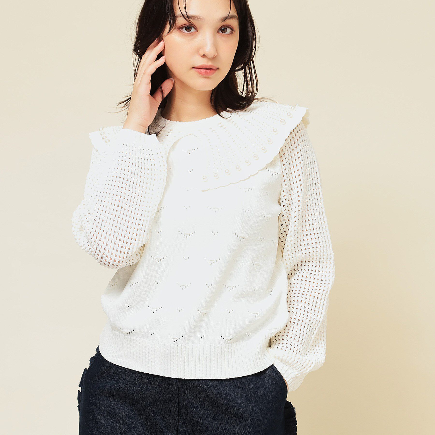 SunaUna「【COLLECTION LINE】透かしパール調ニット」|ニット・セーター|オフホワイト(003
