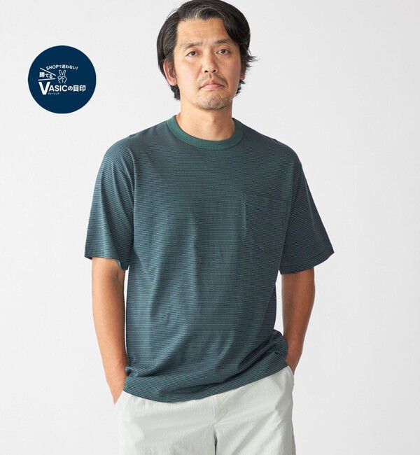 SHIPS「SHIPS: マイクロ ボーダー リンガー Tシャツ」|Tシャツ・カットソー|グリーン