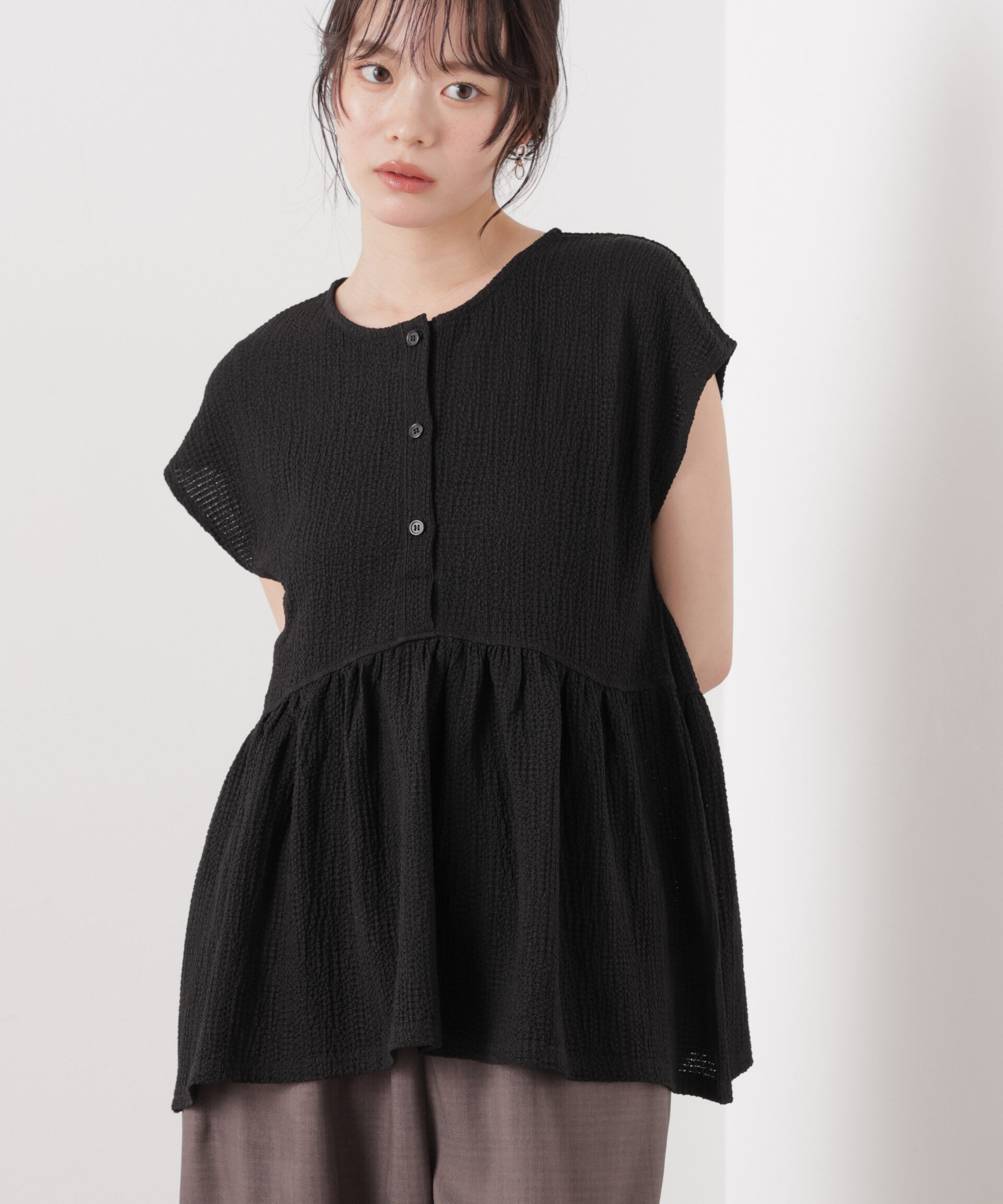 nano･universe「フクレジャガードカットギャザーブラウス」|Tシャツ・カットソー|