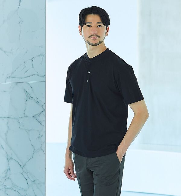 ABAHOUSE「【SMART CLOSET】シルケット天竺 キーヘンリーネック Tシャツ / 接」|Tシャツ・カットソー|ブラック