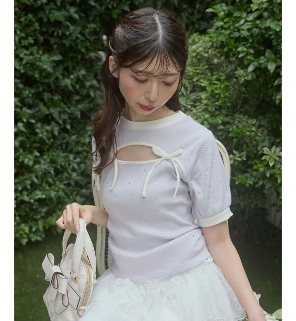  「デコルテオープンラインストーントップス」|Tシャツ・カットソー|