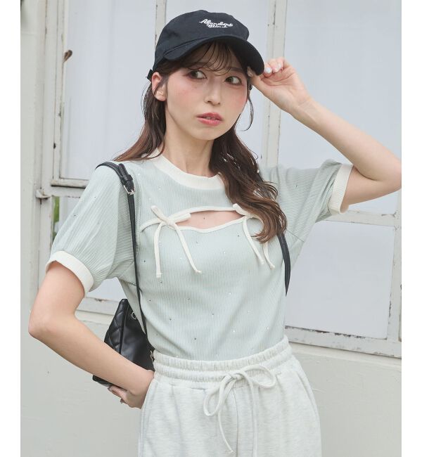  「デコルテオープンラインストーントップス」|Tシャツ・カットソー|