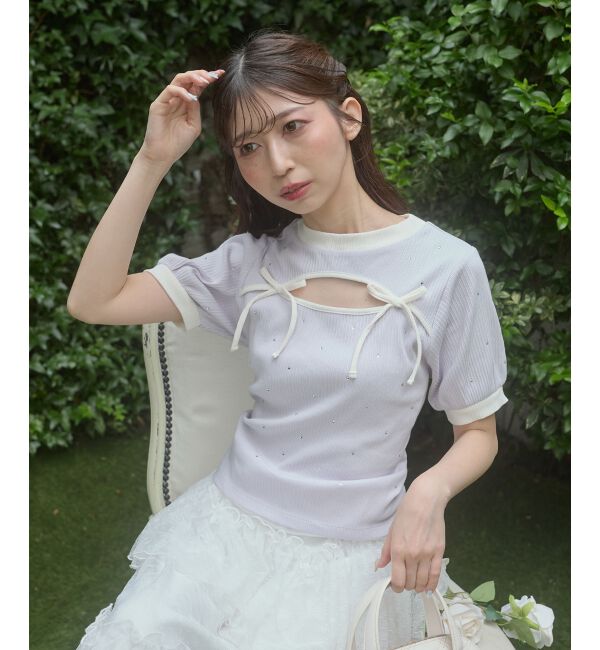  「デコルテオープンラインストーントップス」|Tシャツ・カットソー|ラベンダー