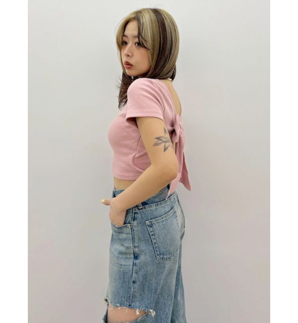 EVRIS「ハーフスリーブバックリボンスクエアネックトップス」|Tシャツ・カットソー|