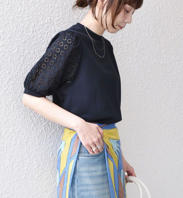 SHIPS Colors 「SHIPS Colors:〈手洗い可能〉ミニ裏毛 レース スリーブ トップス◇」|Tシャツ・カットソー|ネイビー