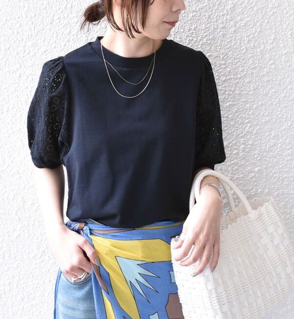 SHIPS Colors 「SHIPS Colors:〈手洗い可能〉ミニ裏毛 レース スリーブ トップス◇」|Tシャツ・カットソー|