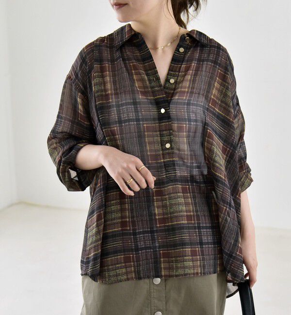 quaranciel「《予約》quaranciel:〈洗濯機可能〉シアー チェック ギャザー プルオーバー シャツ」|シャツ・ブラウス|