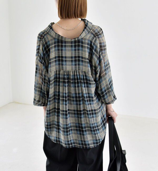 quaranciel「《予約》quaranciel:〈洗濯機可能〉シアー チェック ギャザー プルオーバー シャツ」|シャツ・ブラウス|